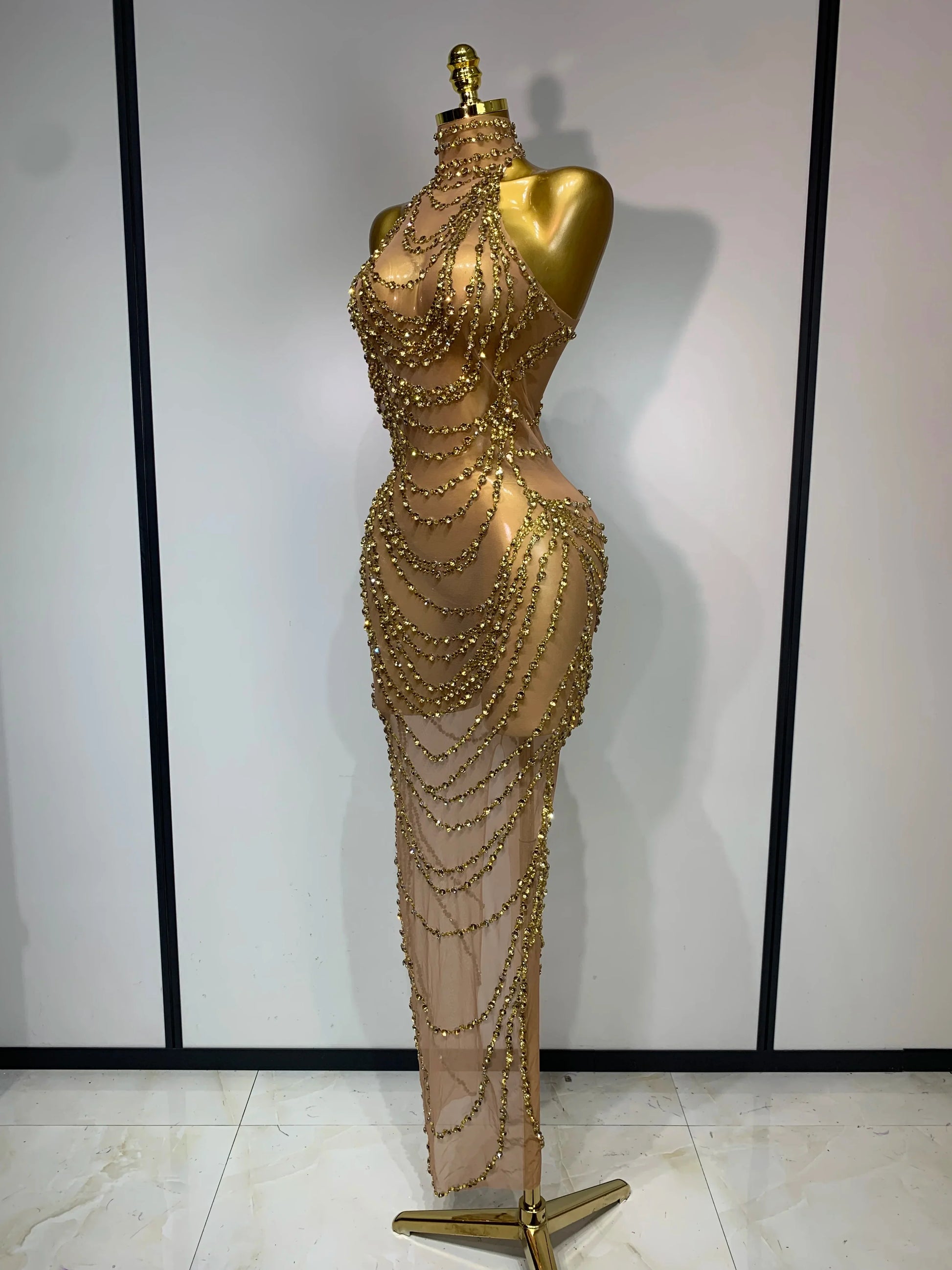 Sparkly Rhinestone Sexy Transparent Mesh Long Dress Women Luxury Birthday Club Party Gown Stage Singer Performance Costume