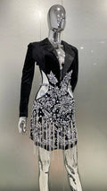 Luxury Diamonds Tassel Sexy hollow Out Notched Black Mini Dress Woman Evening Party Vestido Celebrate Club Party Outfit