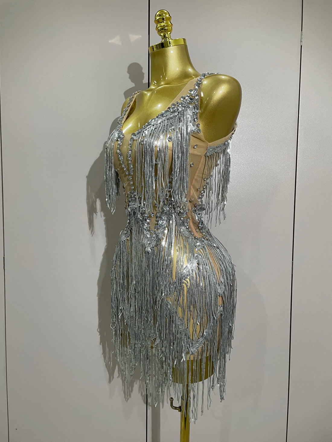 Sparkly Rhinestone Tassels Sexy Mesh Mini Dress Women Evening Birthday Party Dresses Nightclub Performance Stage Costume Silver