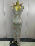 Luxury Crystals Diamonds Slit elegant Sheath Fishtail Dress Women Sexy Evening Party Performance Photoshoot Stage Dress