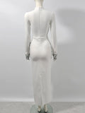 Sexy Women's Heavy Industry Beaded Bandage Dress Bodycon Stand Collar Long Sleeve Midi Dress Cocktail Evening Party Vestido