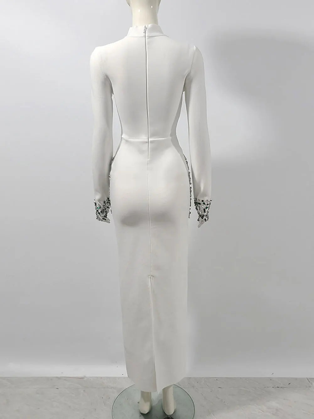 Sexy Women's Heavy Industry Beaded Bandage Dress Bodycon Stand Collar Long Sleeve Midi Dress Cocktail Evening Party Vestido
