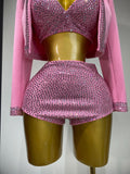Luxury Rhinestone Jacket Bra Top And Matching Shorts Set 3 Pieces Outfits Women Sexy Sparkle Nightclub Singer Stage Outfit