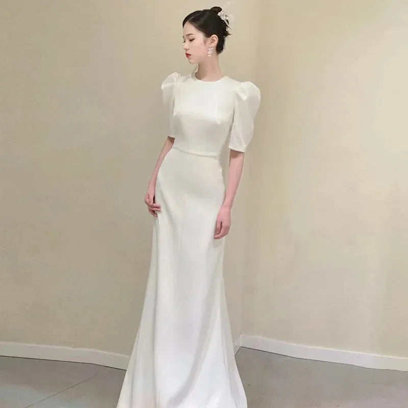Bride French White Wedding Dress Women Sexy Backless Satin Half Sleeve Mermaid Dresses Elegant Evening Guest Long Party Dress White