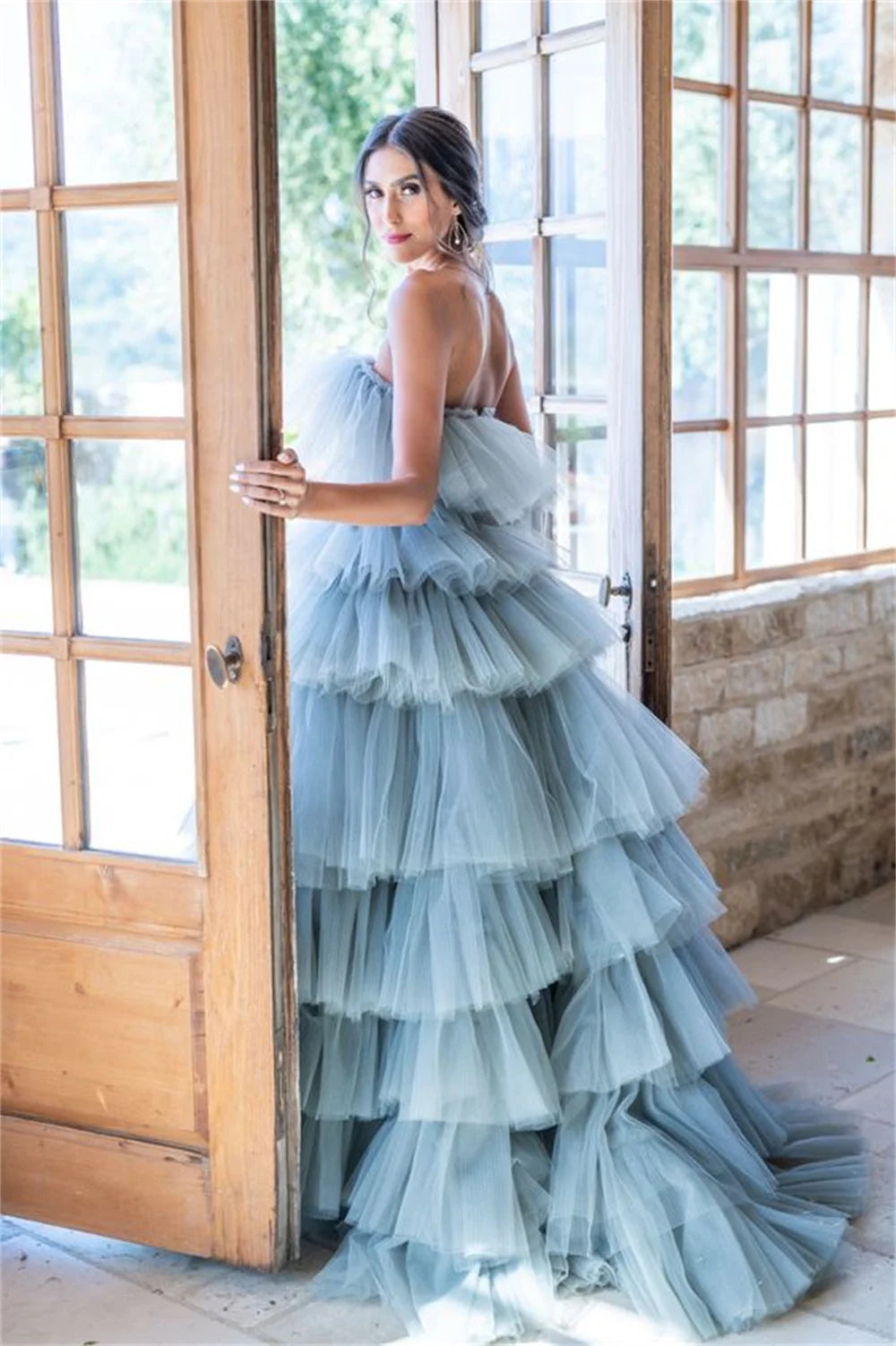 Grey Blue Ball Gown Vestidos De Noche Elegant Multilayer فساتين السهرة Handmade Strapless A-line Prom Dress