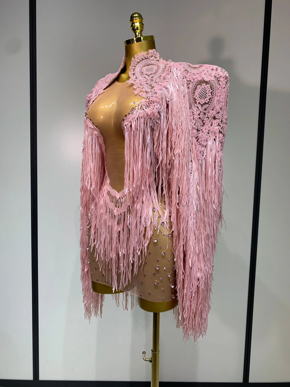 Women Sexy Transparent Long Sleeve Bodycon Dress Two Piece Set Luxury Sequin Fringes Evening Party Celebrity Performance Costume Pink