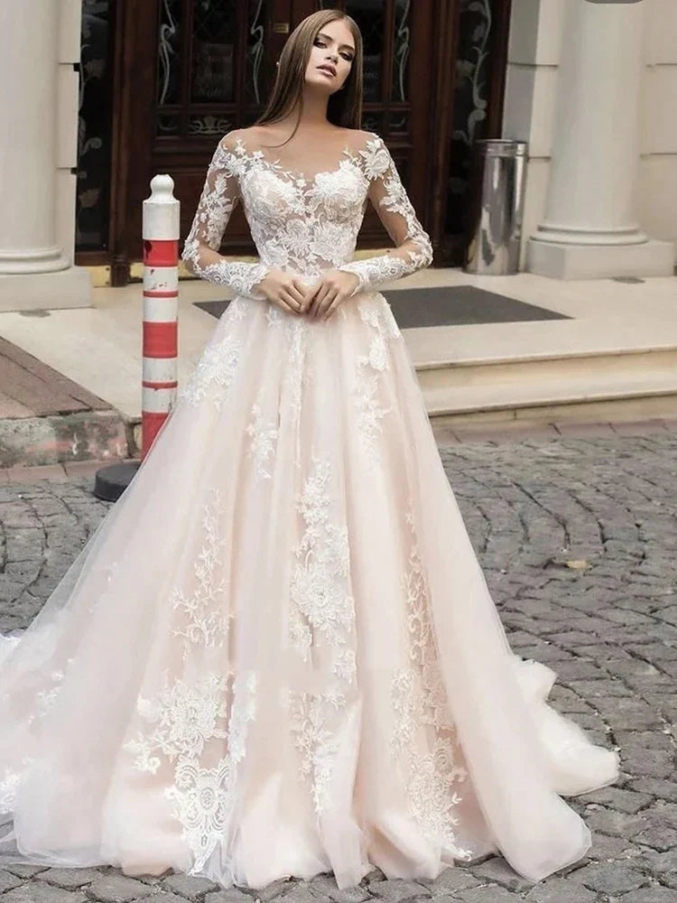 Exquisite Wedding Dresses For Women A-Line Luxury Bridal Gowns Lace Appliques Long Sleeves O-Neck Vintage Vestidos De Novia