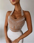 Exquisite Pearl Beading Halter Bodycon Knee Lenght Dress Graceful Woman Hips Package Bandage Dress Evening Party Vestido