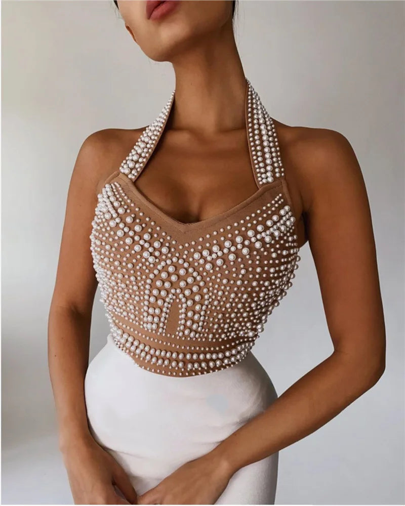 Exquisite Pearl Beading Halter Bodycon Knee Lenght Dress Graceful Woman Hips Package Bandage Dress Evening Party Vestido