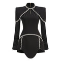 Elegant Black Long Sleeved Bodycon Mini Dress with Crystal Adorned Seams for a Special Event Gown black