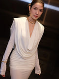 White Swinging Collar Long Dress For Women Ruched High Waist Long Sleeves Slim Elegant Evening Party Gowns