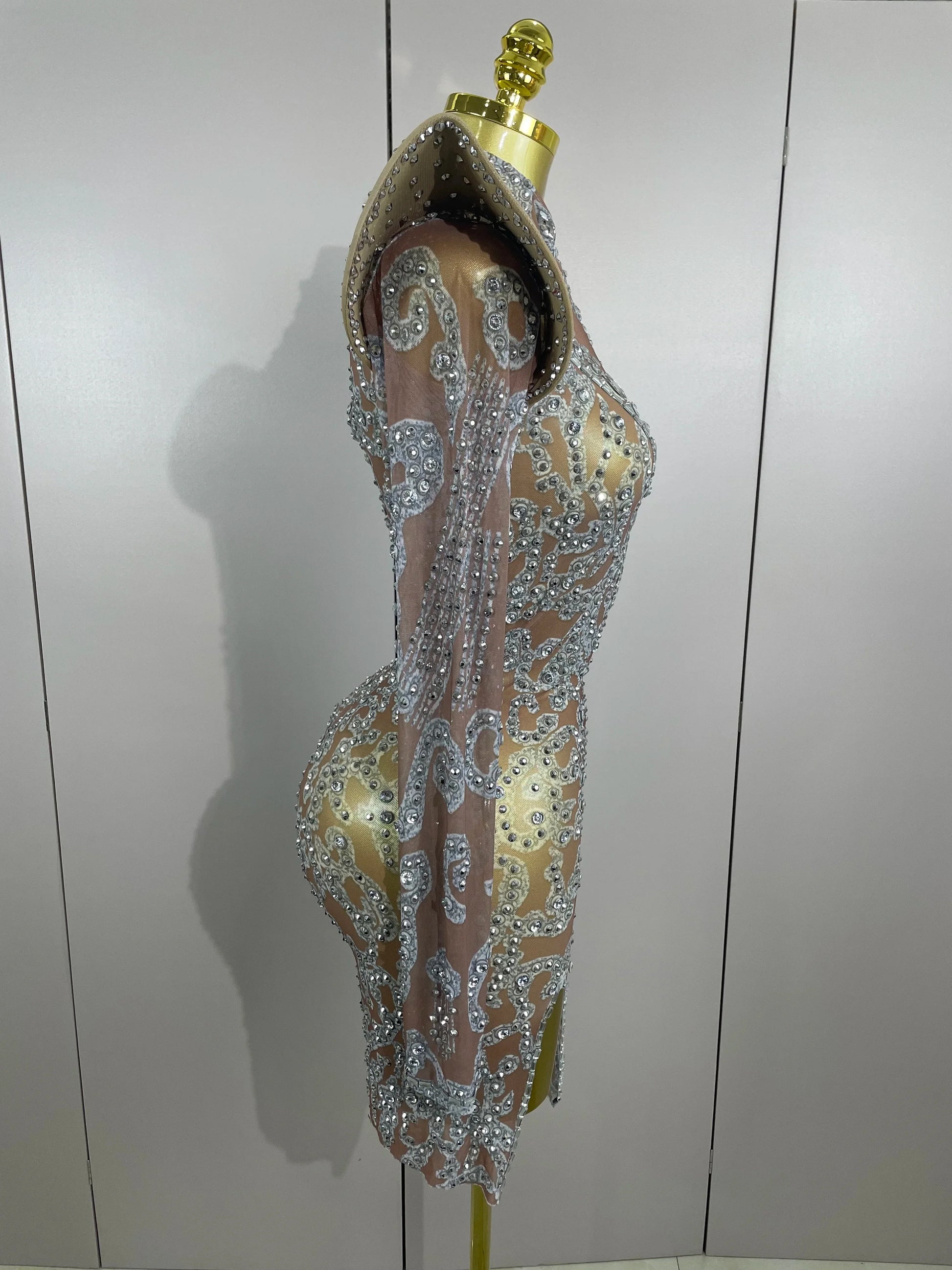 Sexy Singer Stage Drag Queen Costume Women Shiny Rhinestones Transparent Short Dress Birthday Celebrate Photoshoot Dress