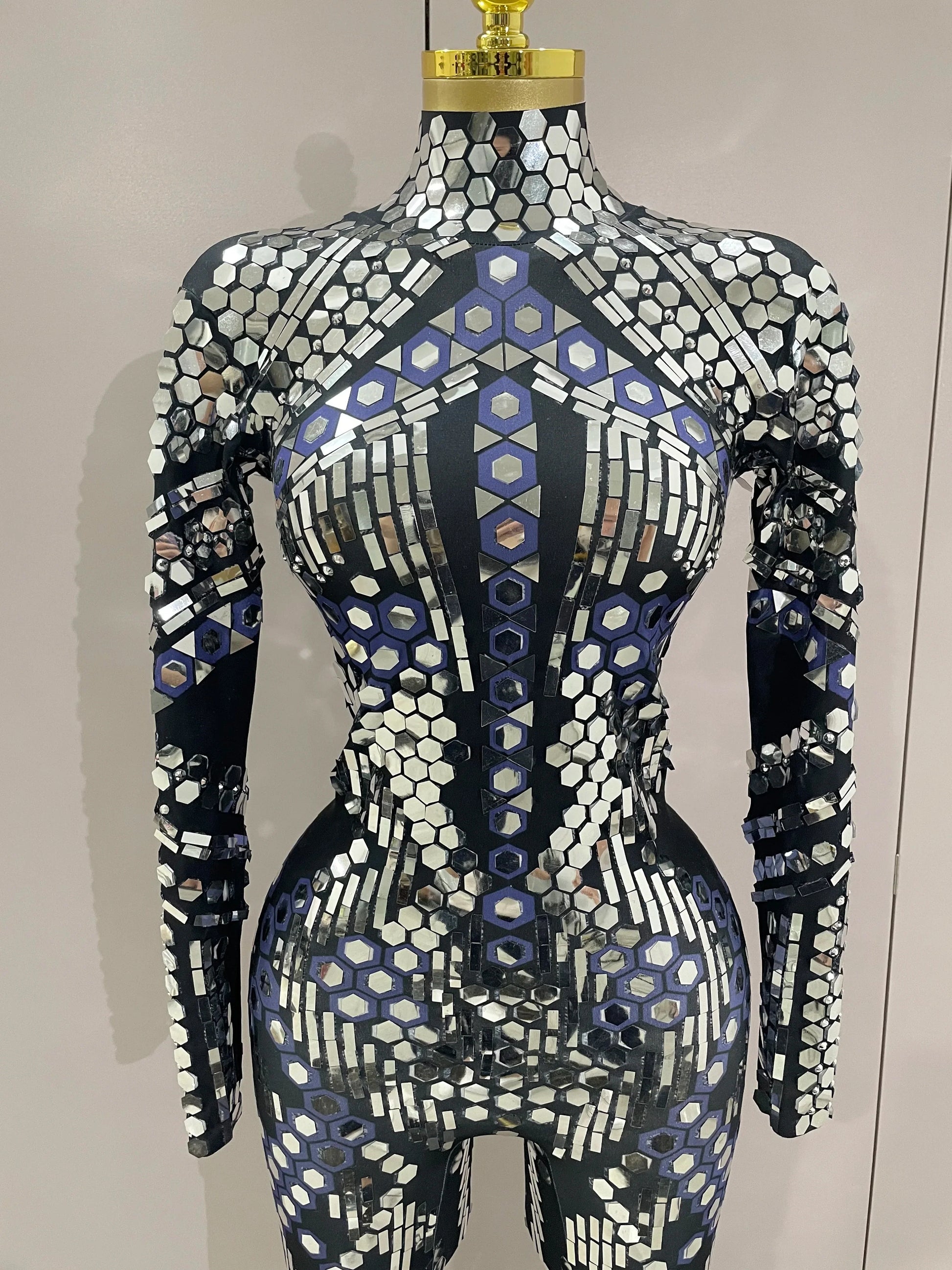 Sexy Shiny Silver Sequins Mirror Black Spandex Jumpsuit Women Prom Dancer Singer Costume Evening Birthday Show Stage Outfit