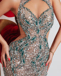 Sparkling Green Sequins Crystal Cut-Out Mermaid Sleeveless Dress Gown for Balls Party