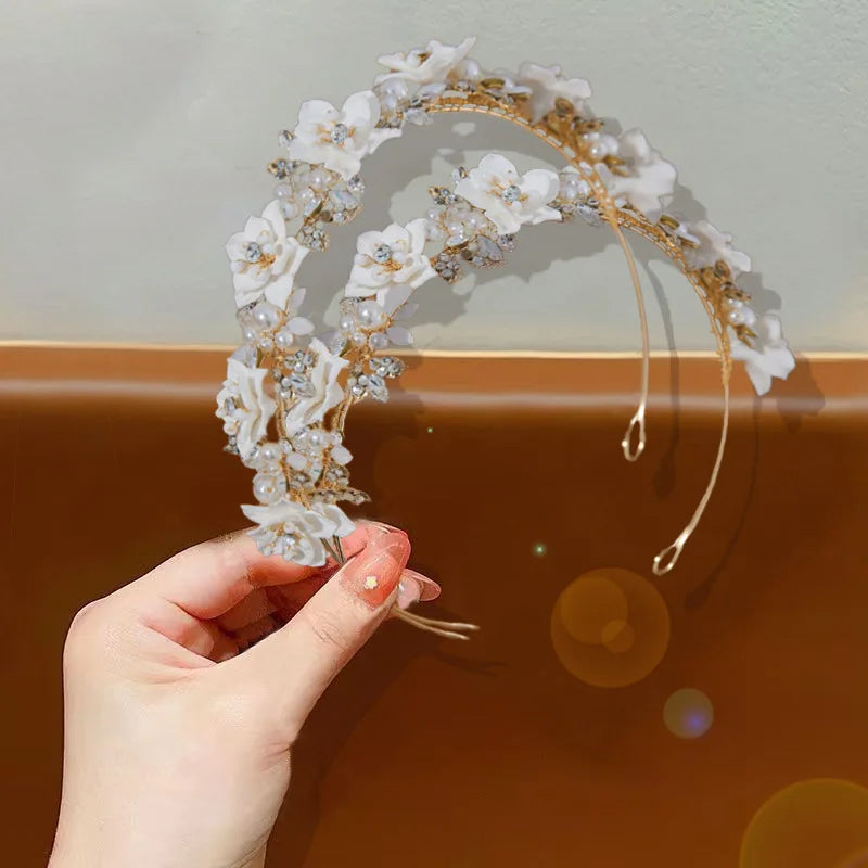 Flower Headband For Women Elegant Pearl Bridal Tiara Hair Hoops For Wedding Hair Accessories Party Bride Hair Jewelry Headdress as picture