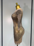 Luxury Birthday Rhinestones Half Sleeve Transparent Mini Dress Women Sexy Mesh Stretch Performance Celebrity Stage Wear