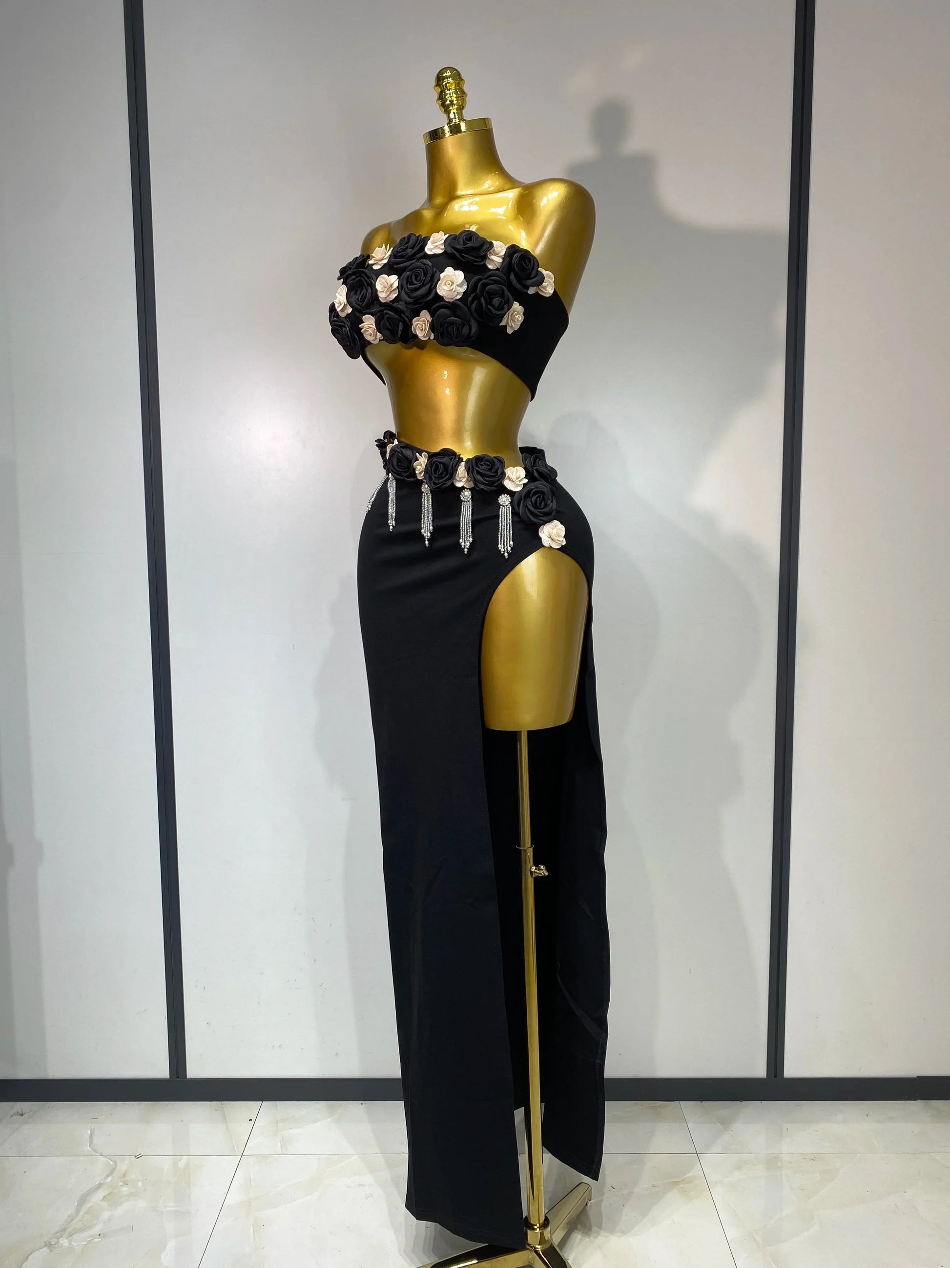 Women Sexy Flower Strapless Top High Slit Long Skirt Elegant Evening Party Two Piece Set Luxury Birthday Club Gown