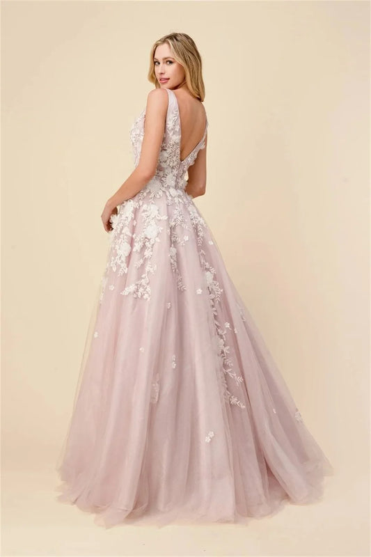 Princess A-line Party Dress Luxury 3D Flower Evening Dresses Sweet Light Pink Vestidos De Noche V-neck Prom Dress