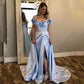 Princess 3D Flower Party Dress Baby Blue Evening Dresses Mermaid Vestidos De Noche With Train Cute Silk Prom Dress