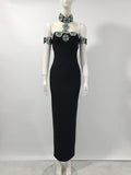 Sexy Women Light Luxury Nail Bead Bandage Dress Hanging Neck Shoulder Short Sleeve Bodycon Long Dress Evening Party Vestido black