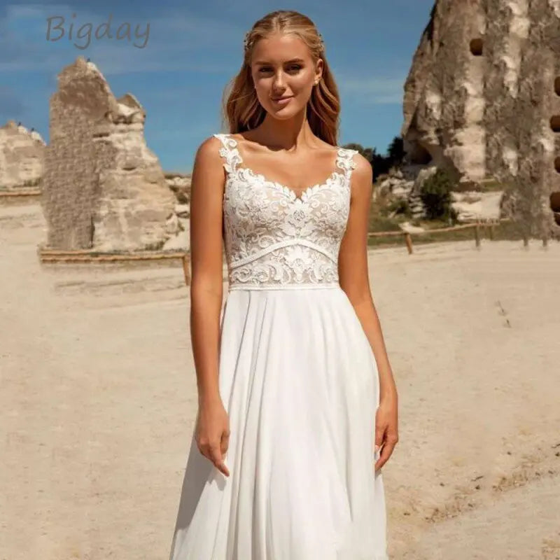 שמלות כלה מתוקה בוהמייה נשים תחרה לבנה פתוחה שמלות כלה שיפון אפליקציות רצועות ספגטי vestidos de novia