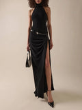 Urban Chic Black Halter Open Back & Slit Dress for Sophisticated Nights Party Evening Gown