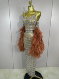 Luxury Sparkling Diamond Feather Mesh Tight Sexy Mesh Long Dress Women Birthday Party Nightclub Stage Performance Costume