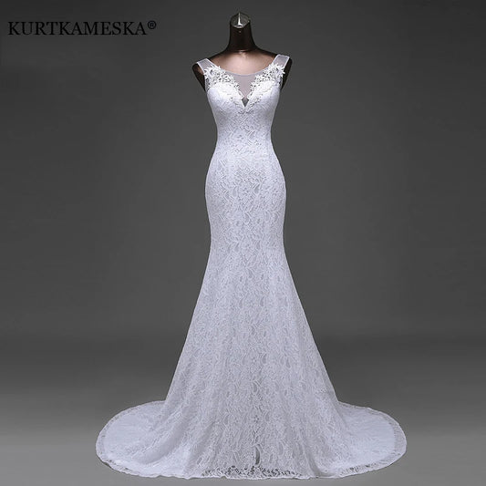 Putih renda putri duyung trailing pengantin pengantin gaun pengantin elegan kristal kemewahan gaun musim panas formal malam formal untuk wanita