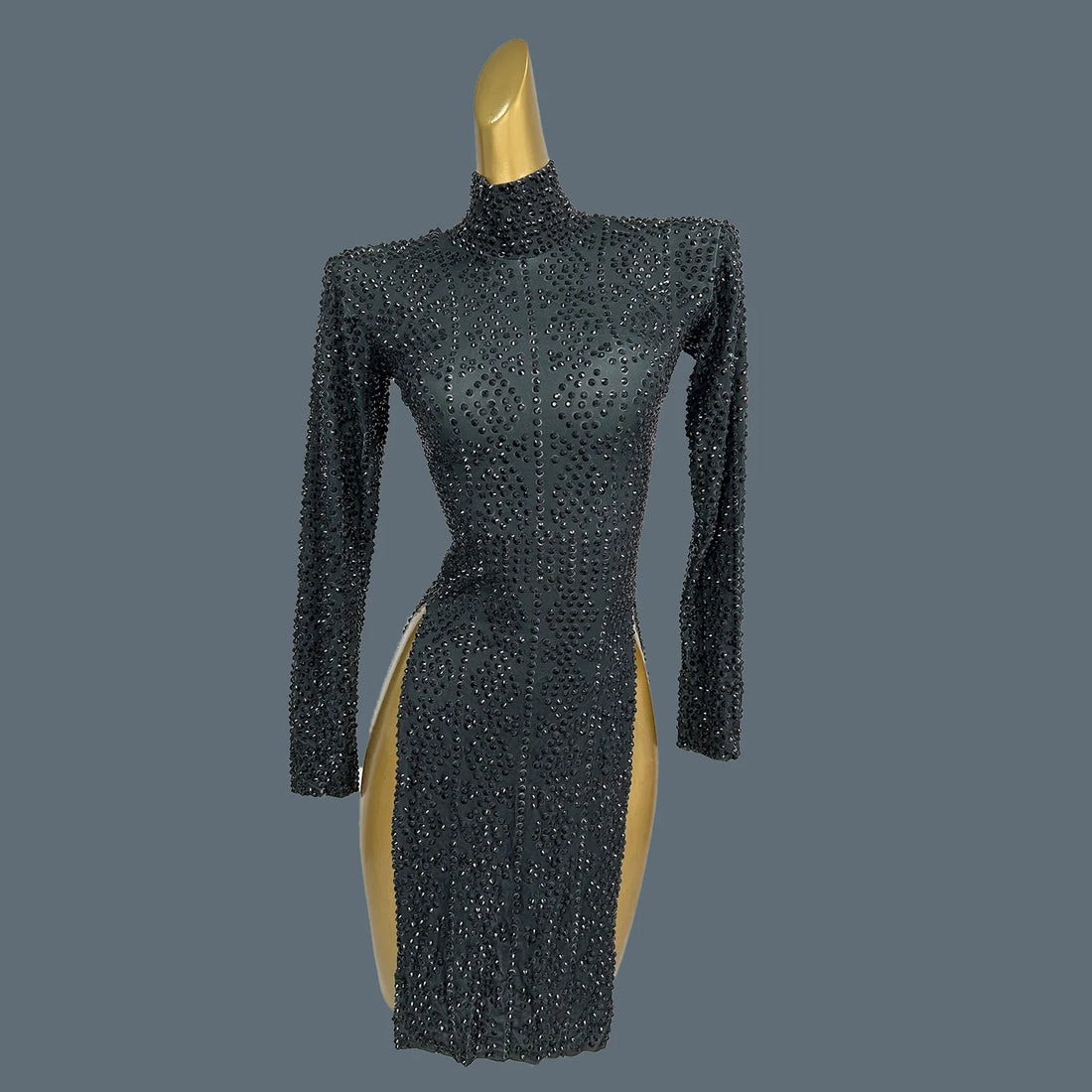 Sparkly Rhinestone High Slit Short Dress for Sexy Women Club Birthday Party Queen Asymmetrical Mini Dress Chic Dress Heizuan black