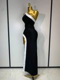 Women Sexy One Shoulder Split Black White Patchwork Bandage Bodycon Dress Celebrity Elegant Evening Party Birthday Outfit