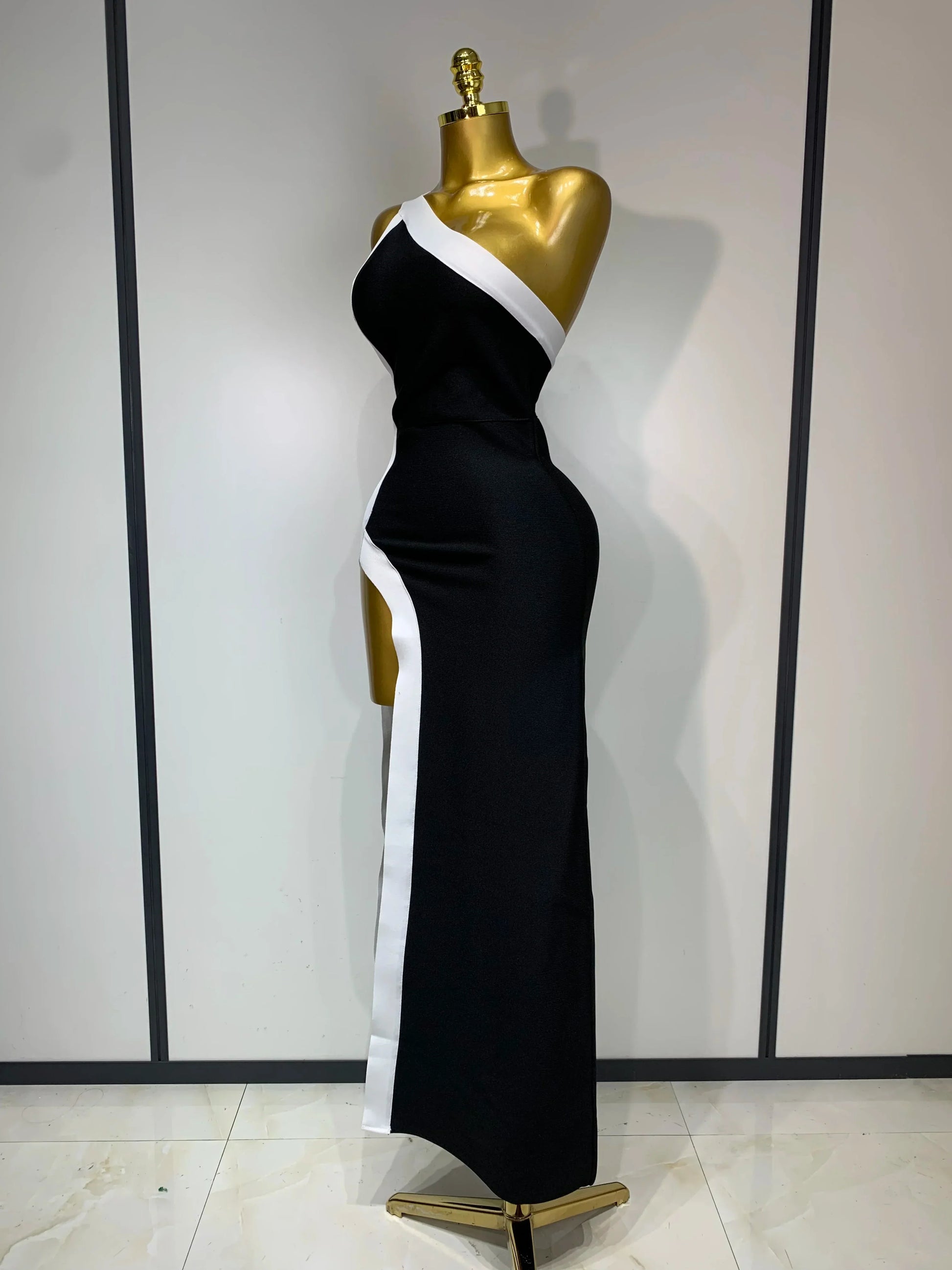 Women Sexy One Shoulder Split Black White Patchwork Bandage Bodycon Dress Celebrity Elegant Evening Party Birthday Outfit