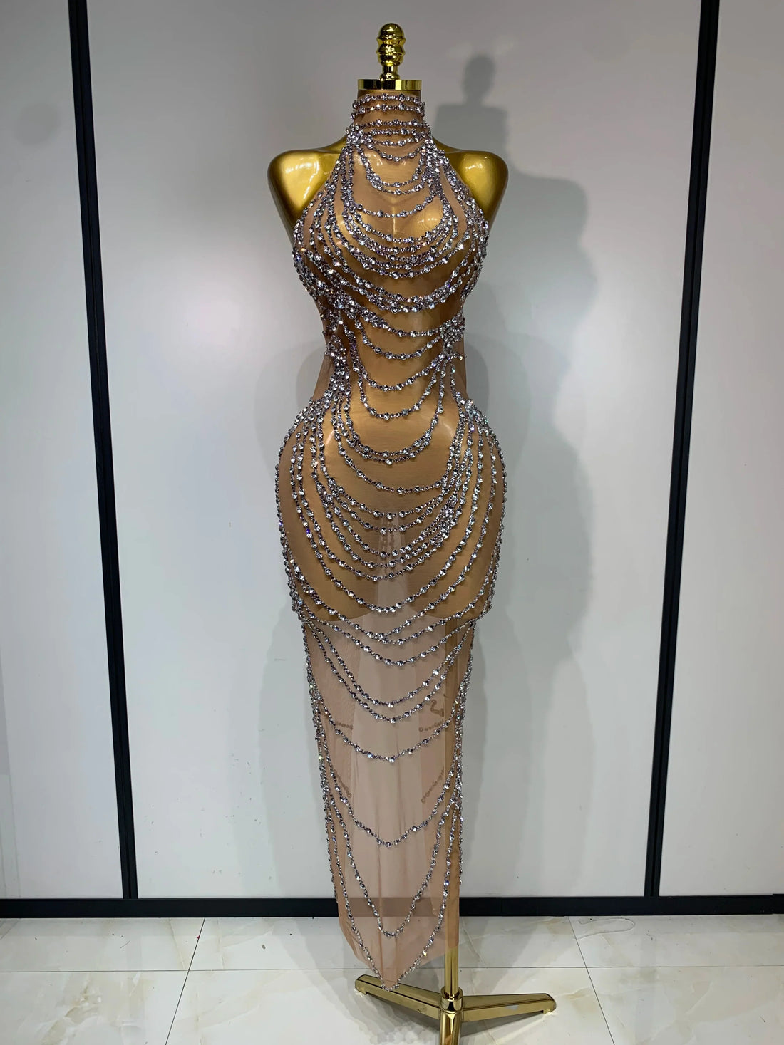 Luxury Rhinestone Sparkly Sexy Transparent Mesh Long Dress Women Birthday Party Gown Stage Singer Performance Costume Silver