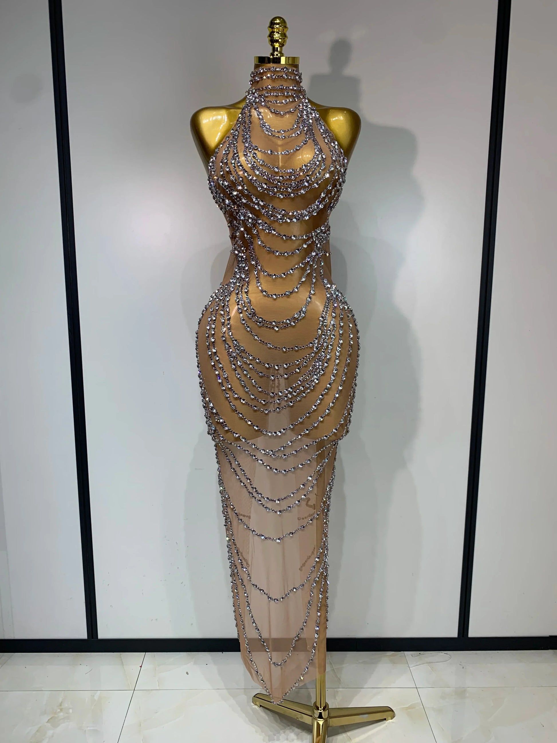 Luxury Rhinestone Sparkly Sexy Transparent Mesh Long Dress Women Birthday Party Gown Stage Singer Performance Costume Silver