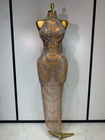 Luxury Rhinestone Sparkly Sexy Transparent Mesh Long Dress Women Birthday Party Gown Stage Singer Performance Costume Silver