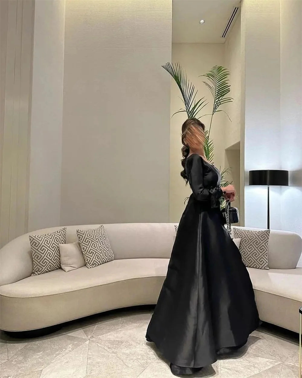 Black Long Sleeves فساتين سهره فاخره  Satin Slim A-line Prom Dresses Nobility Elegantly Handmade Vestidos De Noche