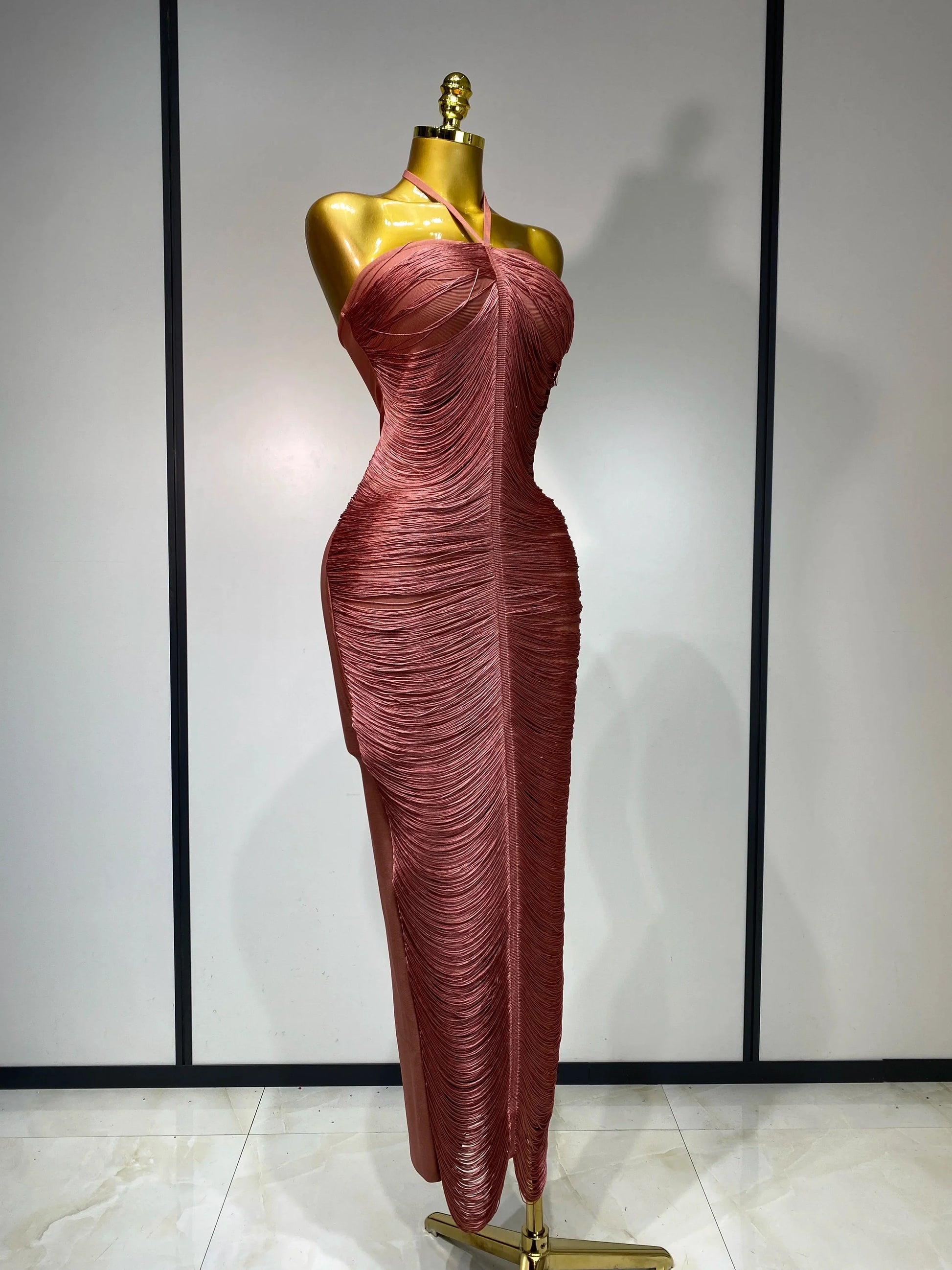 Women Sexy Celebrity Backless Halter Tassel Bodycon Bandage Dress Elegant Celebirty Evening Party Luxury Birthday Dress