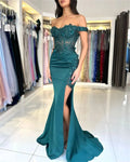 Lace Appliques Satin Prom Dresses Off the Shoulder vestidos de noche Elegant Sleeveless Sexy Side Split Formal Evening