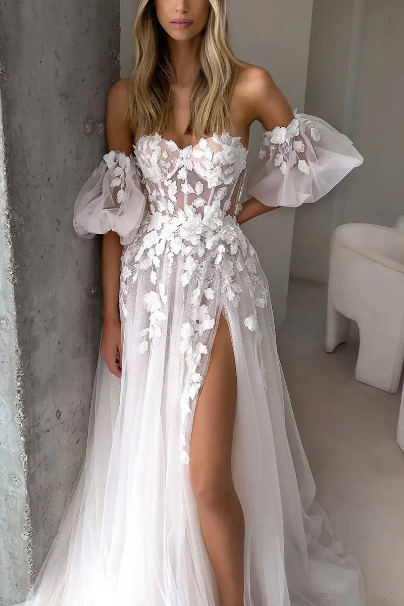 Glitter Tulle Boho Wedding Dresses Lace Strapless Sweetheart A Line Slit Formal Party Bridal Gowns Elegant Women Bride Dresses