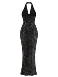 Sexy Women's Maxi Red Sparkle Dress with Hanging Neck Sleeveless Bodycon Backless Long Dresses Evening Club Party Vestidos black