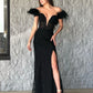 Black Evening Dresses Tulle Lace Applique Crystal with Feather Mermaid Off Shoulder V Neck Front Slit Sweep Train Prom Gown