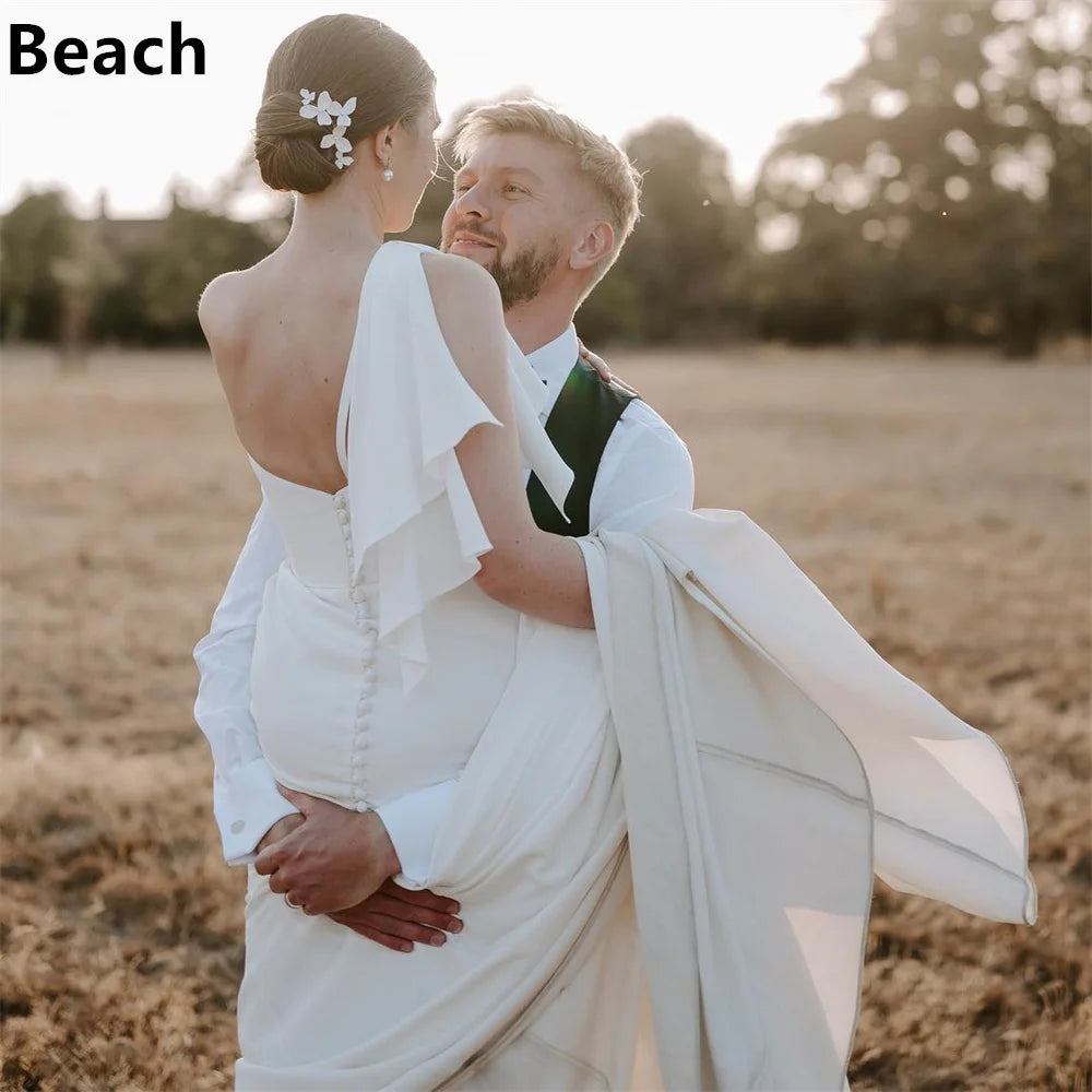 Pantai satin satu bahu putri duyung gaun pengantin jubah de mariee desain unik gaun pengantin formal cantik