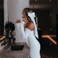 Gaun pengantin putri duyung yang elegan sendok leher pengantin panjang penyimpanan untuk wanita tombol menyapu kereta gaun pengantin murah hati