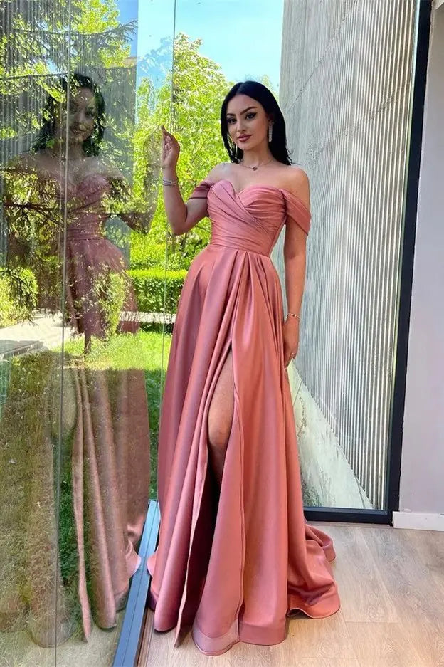 Brown Evening Dresses Satin Off Shoulder Sweetheart A Line with Slit Long Women Simple Prom Gowns Custom made color and size