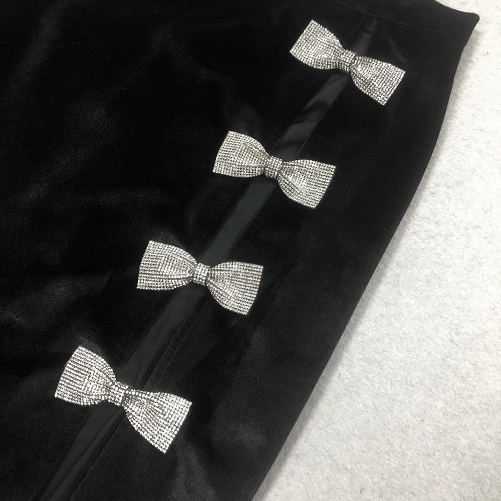 Fashion Gloves Black Velvet Woman Set Shining Diamond Bows V-Neck Jacket Sexy Hollow out package Hips Skirt Set 2 Piece