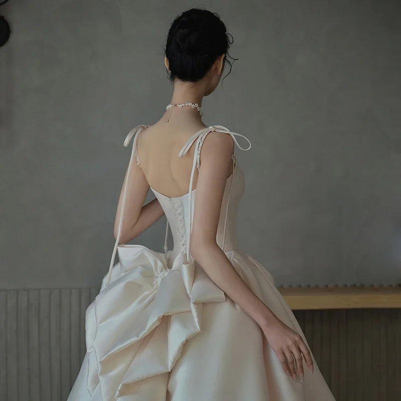 Vestido de novia de satén blanco francés de lujo, vestido de novia Sexy con tirantes y espalda descubierta, vestidos de fiesta de noche para boda para mujer