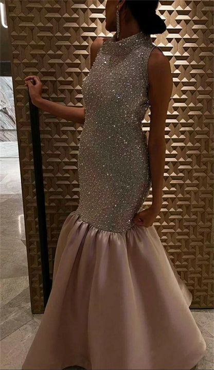 Exquisite High Neck Vestidos De Noche Sexy Sequins Tops Mermaid Prom Dress Sleeveless Fishtail فساتين السهرة