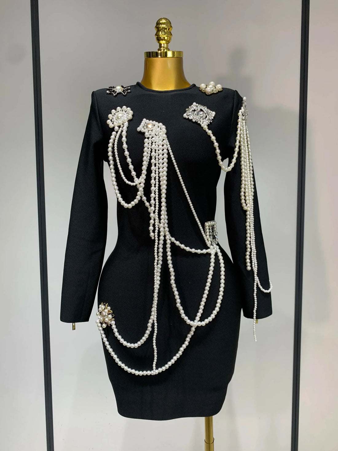 Luxury Birthday Dress Women Beading Diamond Black Bodycone Bandage Wrapped Hip Dress Elegant Long Sleeves Evening Party Gown black