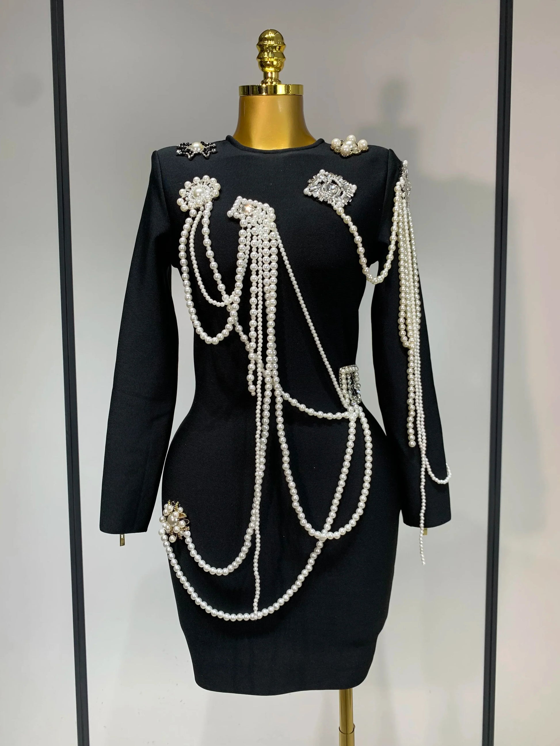 Luxury Birthday Dress Women Beading Diamond Black Bodycone Bandage Wrapped Hip Dress Elegant Long Sleeves Evening Party Gown black