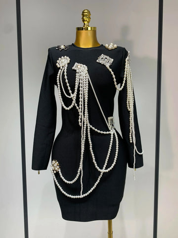 Luxury Birthday Dress Women Beading Diamond Black Bodycone Bandage Wrapped Hip Dress Elegant Long Sleeves Evening Party Gown black