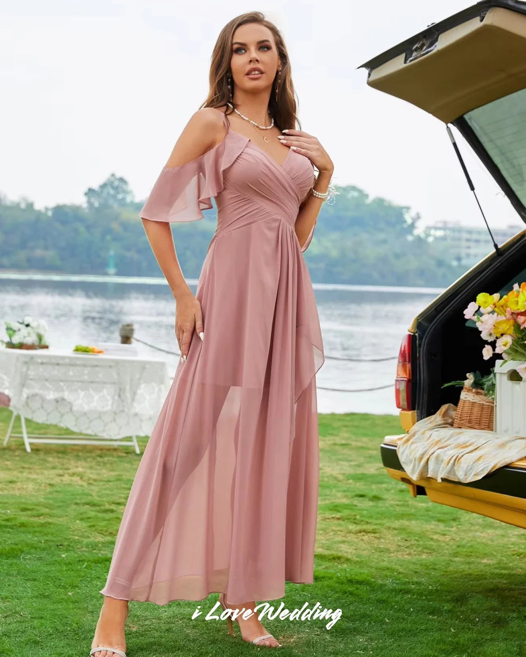 Pink Chiffon Bridesmaid Dresses Off the Shoulder Spaghetti-Strap A-Line Ruffles Side Split Wedding Party Dresses Customized